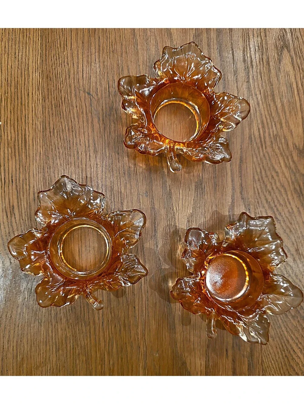 Vintage Amber Glass Leaf Candle Holders Set of 3 Fall decor